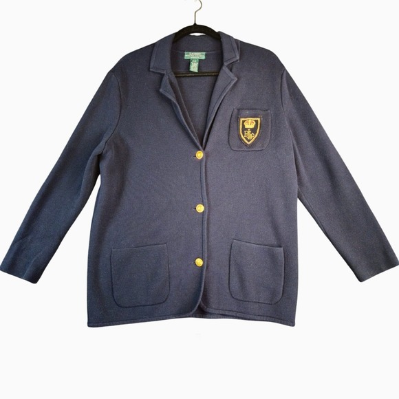 Lauren Ralph Lauren Sweaters - LAUREN RALPH LAUREN‎ Womens Petite Medium Blazer Cardigan Navy Gold Crest Jacket